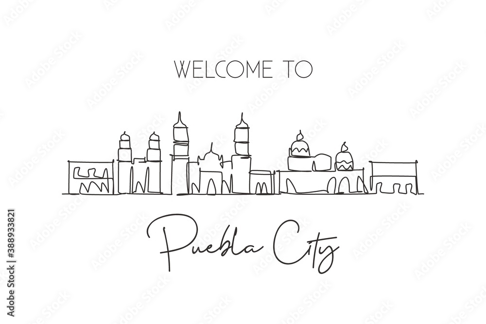 One single line drawing of Puebla city skyline, Mexico. World historical town landscape. Best place holiday destination postcard. Editable stroke trendy continuous line draw design vector illustration One single line drawing of Puebla city skyline, Mexico. World historical town landscape. Best place holiday destination postcard. Editable stroke trendy continuous line draw design vector illustration