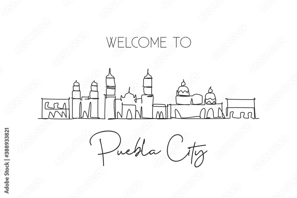 One single line drawing of Puebla city skyline, Mexico. World historical town landscape. Best place holiday destination postcard. Editable stroke trendy continuous line draw design vector illustration