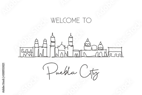 One single line drawing of Puebla city skyline  Mexico. World historical town landscape. Best place holiday destination postcard. Editable stroke trendy continuous line draw design vector illustration