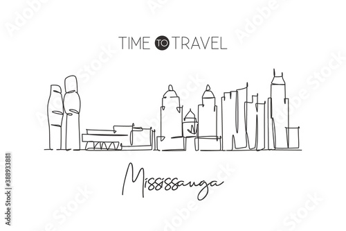 One continuous line drawing Mississauga city skyline, Canada. Beautiful landmark postcard. World landscape tourism travel vacation. Editable stylish stroke single line draw design vector illustration
