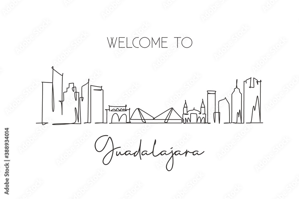 One continuous line drawing Guadalajara city skyline, Mexico. Beautiful landmark postcard. World landscape tourism travel vacation. Editable stylish stroke single line draw design vector illustration