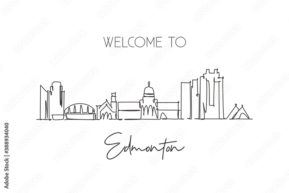 One single line drawing of Edmonton city skyline, Canada. World historical town landscape. Best place holiday destination home wall decor poster. Trendy continuous line draw design vector illustration