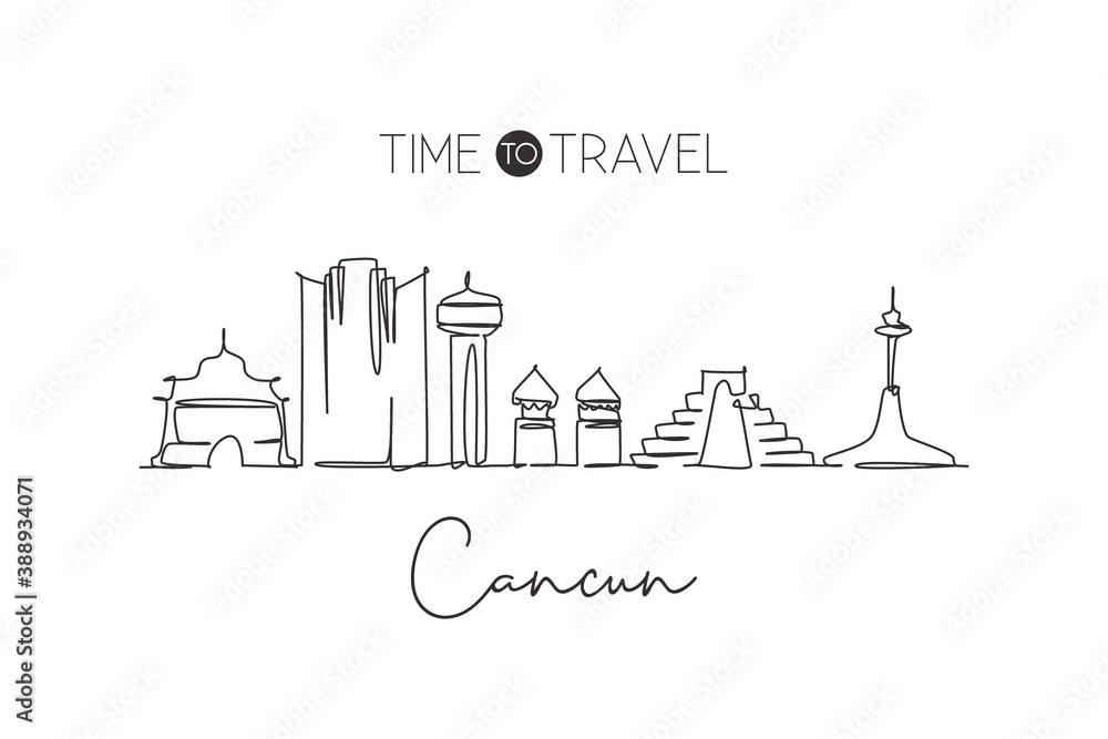 Single continuous line drawing of Cancun skyline, Mexico. Famous city scraper landscape. World travel destination home wall decor poster print concept. Modern one line draw design vector illustration