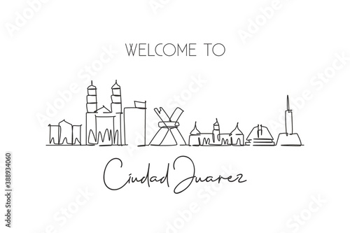 Single continuous line drawing of Ciudad Juarez skyline, . Famous city scraper landscape. World travel destination postcard concept. Editable stroke modern one line draw design art vector illustration photo