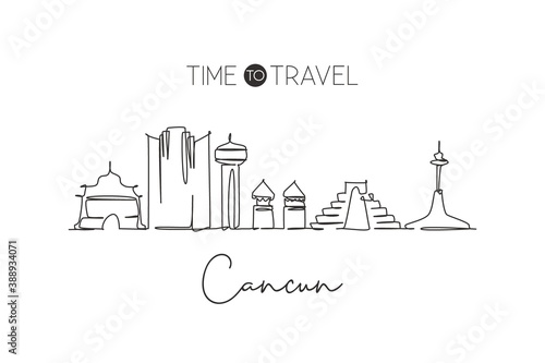 Single continuous line drawing of Cancun skyline, Mexico. Famous city scraper landscape. World travel destination home wall decor poster print concept. Modern one line draw design vector illustration