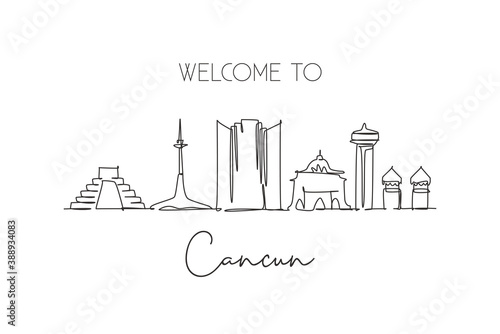 One continuous line drawing Cancun city skyline, Mexico. Beautiful landmark postcard. World landscape tourism and travel vacation. Editable stylish stroke single line draw design vector illustration