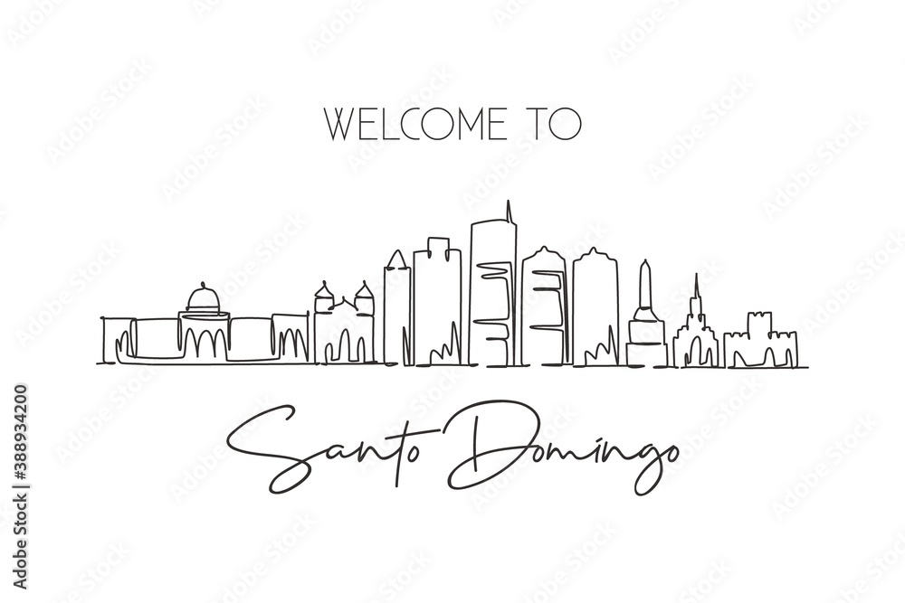 One single line drawing of Santo Domingo city skyline Dominican. World historical town landscape postcard print. Best place holiday destination. Trendy continuous line draw design vector illustration