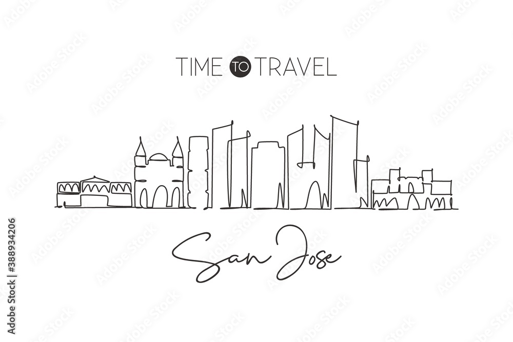 One single line drawing of San Jose city skyline, Costa Rica. World historical town landscape. Best place holiday destination. Editable stroke trendy continuous line draw design vector illustration