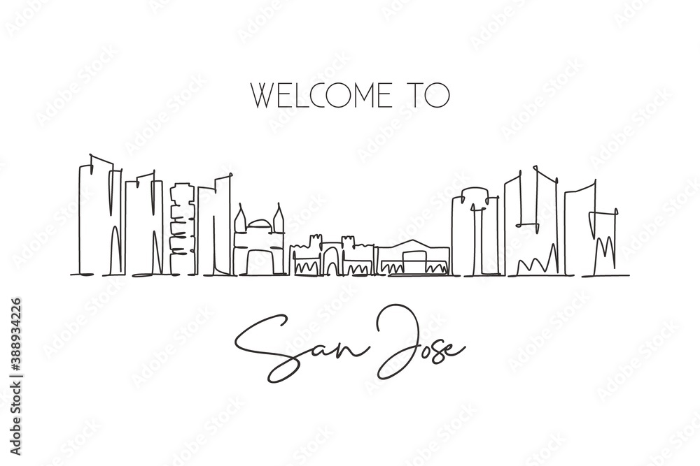 One continuous line drawing San Jose city skyline, Costa Rica. Beautiful landmark home decor poster print. World landscape tourism travel vacation. Stylish single line draw design vector illustration One continuous line drawing San Jose city skyline, Costa Rica. Beautiful landmark home decor poster print. World landscape tourism travel vacation. Stylish single line draw design vector illustration