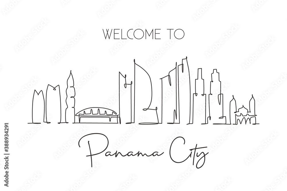 One single line drawing of Panama city skyline, Panama. World historical town landscape. Best place holiday destination postcard. Editable stroke trendy continuous line draw design vector illustration