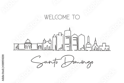One single line drawing of Santo Domingo city skyline Dominican. World historical town landscape postcard print. Best place holiday destination. Trendy continuous line draw design vector illustration photo