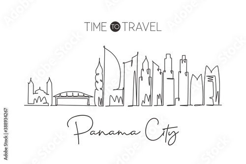 Single continuous line drawing Panama city skyline, Panama. Famous city scraper landscape. World travel destination concept wall decor poster print art. Modern one line draw design vector illustration