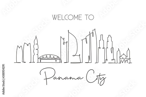 One single line drawing of Panama city skyline, Panama. World historical town landscape. Best place holiday destination postcard. Editable stroke trendy continuous line draw design vector illustration
