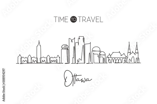 One single line drawing Ottawa city skyline Canada. World historical town landscape home decor wall poster print. Best place holiday destination. Trendy continuous line draw design vector illustration