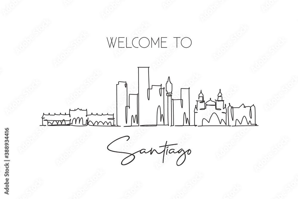 One single line drawing Santiago city skyline, Chile. World historical town landscape wall decor poster print. Best holiday place destination. Trendy continuous line draw design vector illustration