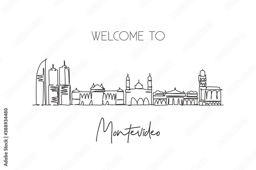 One single line drawing of Montevideo city skyline, Uruguay. World historical town landscape. Best holiday place destination. Editable stroke trendy continuous line draw design art vector illustration