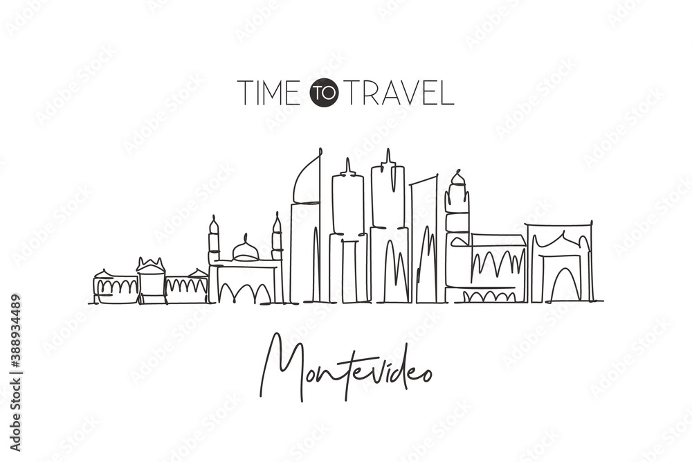 One continuous line drawing of Montevideo city skyline, Uruguay. Beautiful landmark. World landscape tourism and travel vacation. Editable stylish stroke single line draw design vector illustration