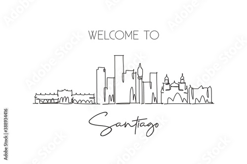 One single line drawing Santiago city skyline, Chile. World historical town landscape wall decor poster print. Best holiday place destination. Trendy continuous line draw design vector illustration