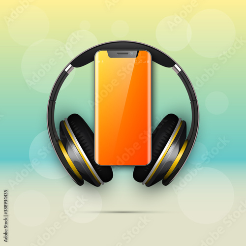 Image headphones on smartphone latest model background. Device for listening music on phone latest model background. Color stereo headphone for listening audio from phone. Banner earphones music party
