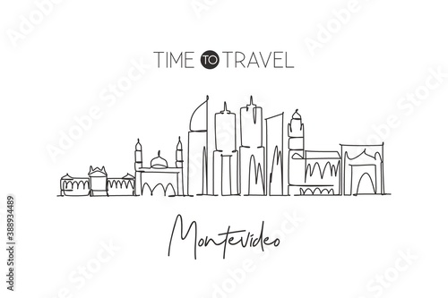 One continuous line drawing of Montevideo city skyline  Uruguay. Beautiful landmark. World landscape tourism and travel vacation. Editable stylish stroke single line draw design vector illustration