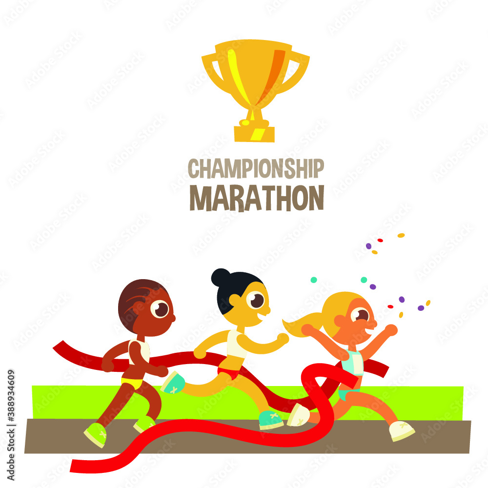 Fototapeta premium women championship marathon runners, winner crossing finish line, cartoon flat style character, isolated vector illustration.