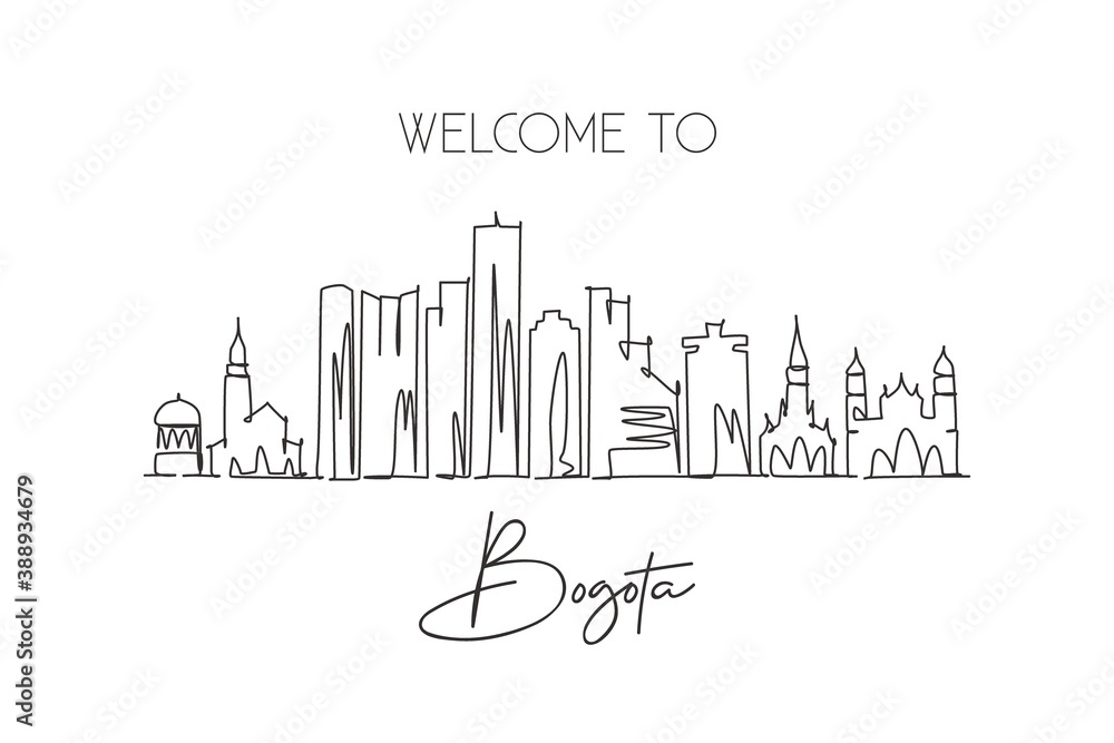 One single line drawing Bogota city skyline, Colombia. World historical town landscape postcard. Best holiday place destination. Editable stroke trendy continuous line draw design vector illustration