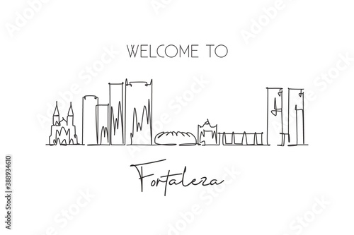 One continuous line drawing Fortaleza city skyline Brazil. Beautiful landmark postcard. World landscape tourism and travel vacation. Editable stylish stroke single line draw design vector illustration