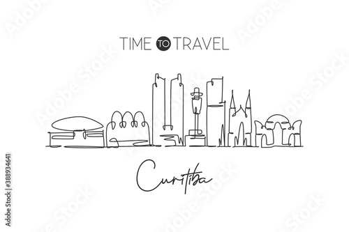 One single line drawing Curitiba city skyline, Brazil. World historical town landscape postcard. Best holiday place destination. Editable stroke trendy continuous line draw design vector illustration