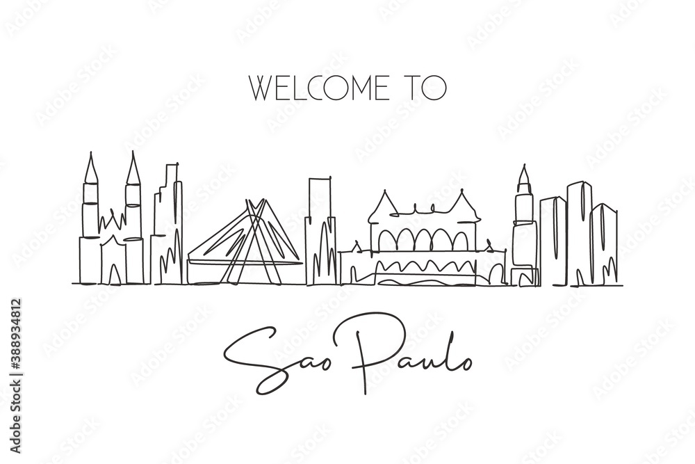 One single line drawing of São Paulo city skyline, Brazil. World historical town landscape. Best place holiday destination wall decor poster art. Trendy continuous line draw design vector illustration