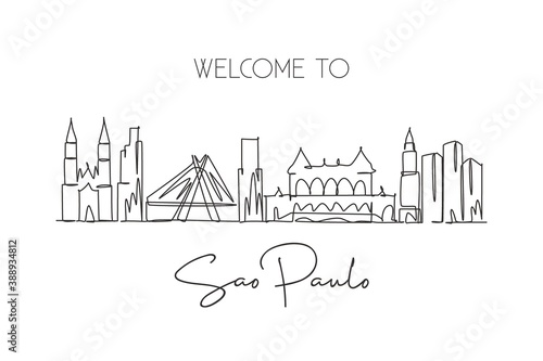 One single line drawing of S  o Paulo city skyline  Brazil. World historical town landscape. Best place holiday destination wall decor poster art. Trendy continuous line draw design vector illustration
