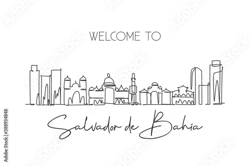 Single continuous line drawing of Salvador de Bahia skyline, Brazil. Famous city scraper landscape. World travel postcard print concept. Editable stroke modern one line draw design vector illustration photo