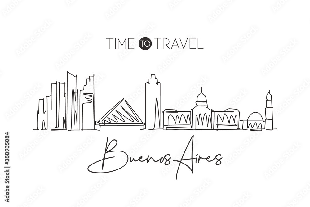 One continuous line drawing of Buenos Aires city skyline Argentina. Beautiful landmark. World landscape tourism and travel vacation. Editable stylish stroke single line draw design vector illustration