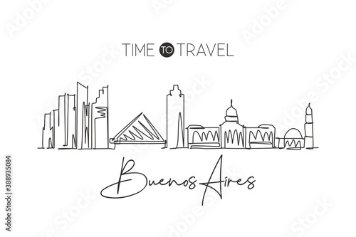 One continuous line drawing of Buenos Aires city skyline Argentina. Beautiful landmark. World landscape tourism and travel vacation. Editable stylish stroke single line draw design vector illustration