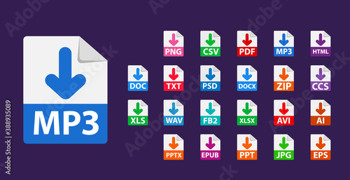 Collection of vector icons. Sign Download MP3 on dark background. File format extensions icons. PDF, TXT, DOC, DOCx, ZIP, PPTx, XLSx, JPG PSD AVI