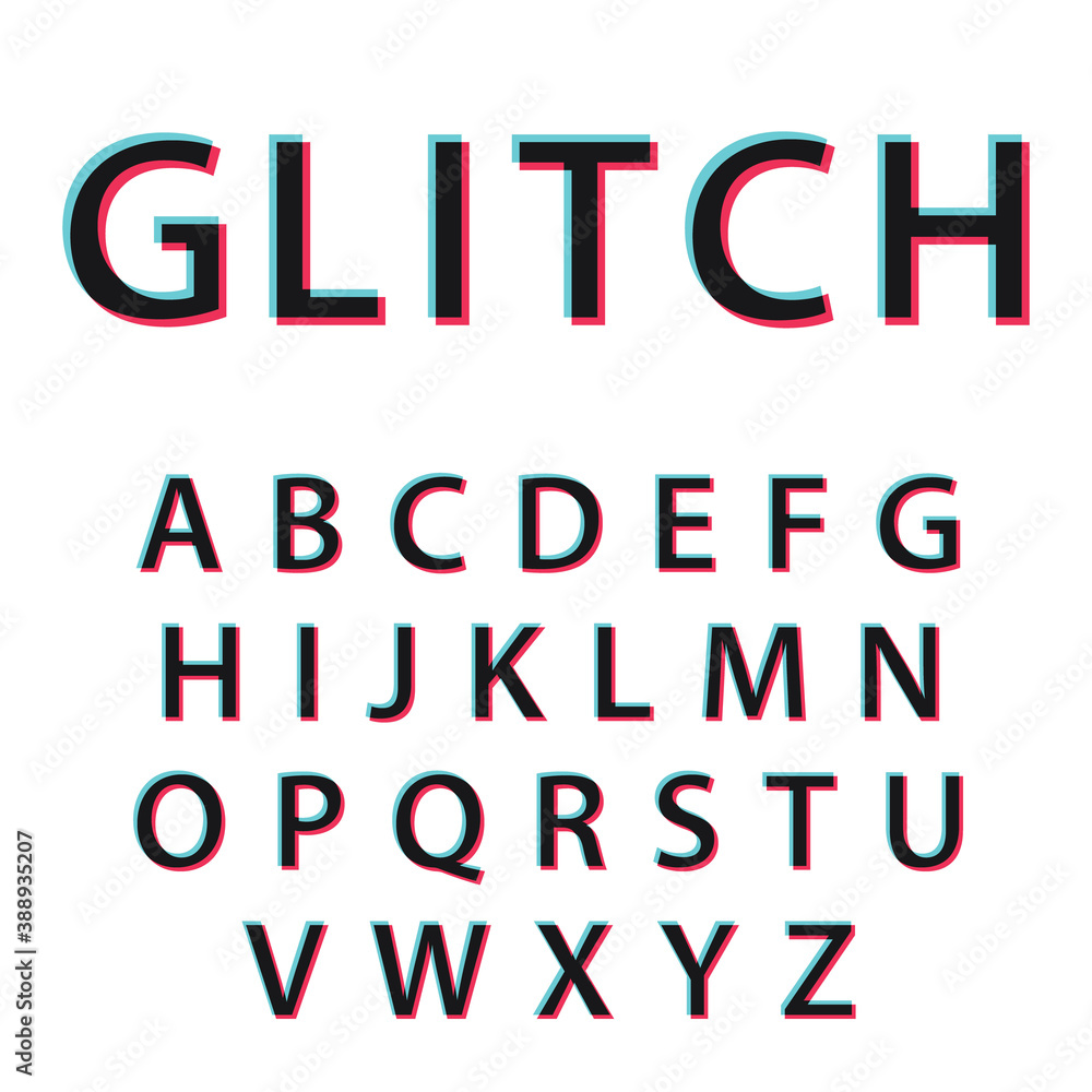 Vector Glitch alphabet. Modern social media font