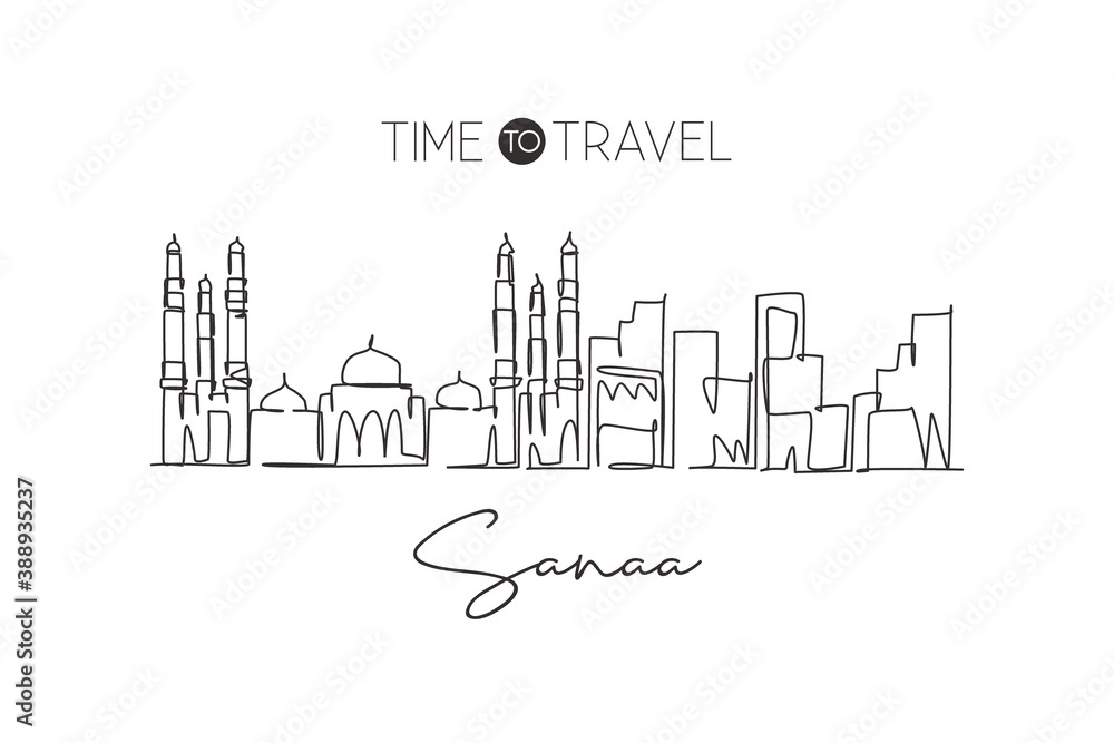 One single line drawing of Sana'a city skyline, Yemen. World historical town landscape. Best holiday destination postcard print. Editable stroke trendy continuous line draw design vector illustration