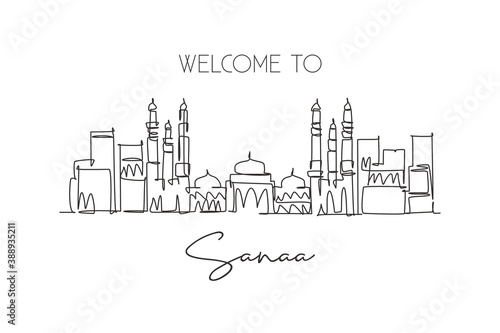 Single continuous line drawing of Sanaa city skyline  Yemen. Famous city scraper and landscape home decor wall art poster print. World travel concept. Modern one line draw design vector illustration
