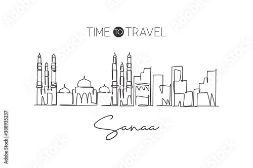 One single line drawing of Sana a city skyline  Yemen. World historical town landscape. Best holiday destination postcard print. Editable stroke trendy continuous line draw design vector illustration