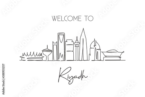 One continuous line drawing Riyadh city skyline, Saudi Arabia. Beautiful landmark postcard. World landscape tourism travel vacation. Editable stylish stroke single line draw design vector illustration