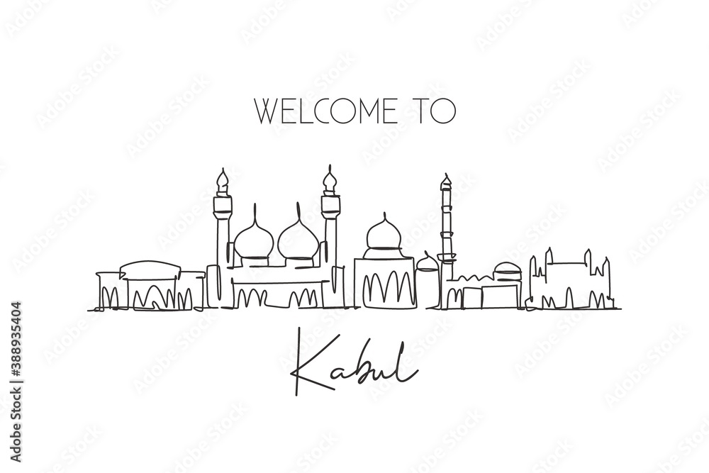 Single continuous line drawing of Kabul city skyline, Afghanistan. Famous city scraper landscape home decor wall art poster print. World travel concept. Modern one line draw design vector illustration