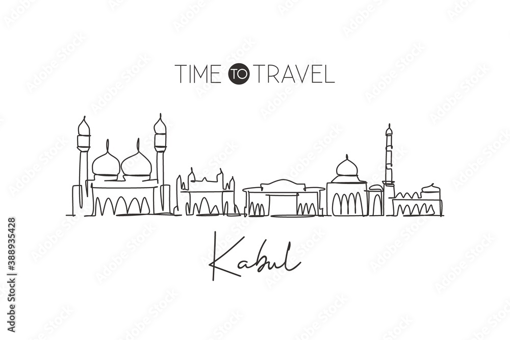 One single line drawing of Kabul city skyline, Afghanistan. World historical town landscape. Best holiday destination postcard print art. Trendy continuous line draw design vector graphic illustration