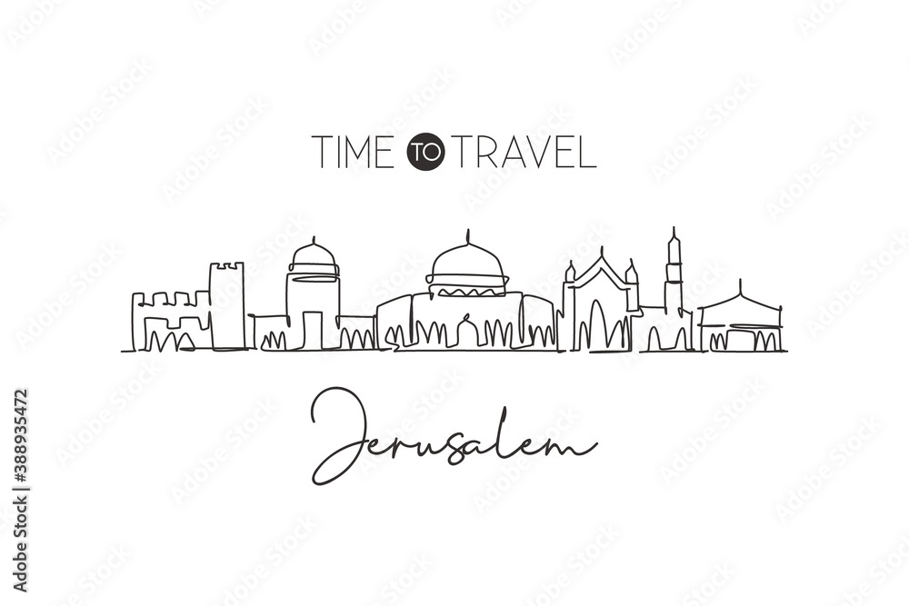 Fototapeta premium Single continuous line drawing of Jerusalem skyline, Palestine. Famous city scraper landscape. World travel concept home decor wall art poster print. Modern one line draw design vector illustration