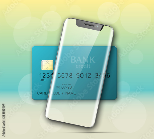 Smartphone & credit card banner. Advertising promo poster phone bank card icon. Communicator PDA Electronic money funds transfer. Plastic card phone software. Update banking icon. Debit bank card chip