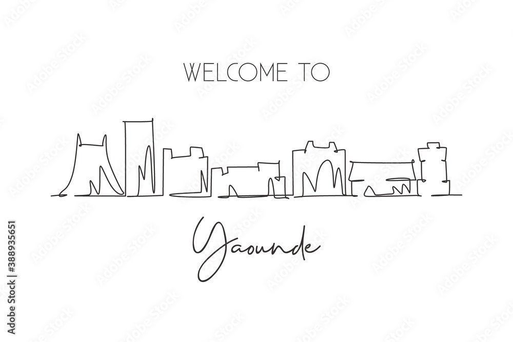 Fototapeta premium Single continuous line drawing Yaounde city skyline, Cameroon. Famous city scraper and landscape home decor wall art poster print. World travel concept. Modern one line draw design vector illustration