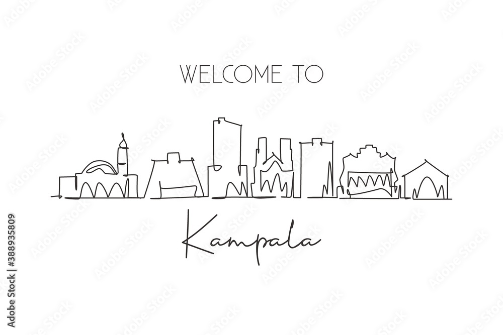 Single continuous line drawing Kampala city skyline, Uganda. Famous city scraper and landscape. World travel concept home wall decor poster print art. Modern one line draw design vector illustration