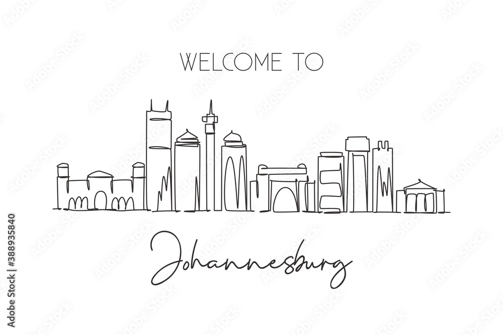 Obraz premium One continuous line drawing of Johannesburg city skyline, South Africa. Beautiful landmark wall decor poster print. World landscape tourism travel. Stylish single line draw design vector illustration