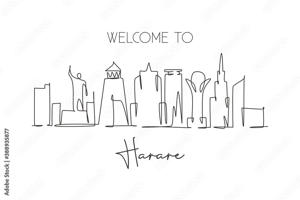 Single continuous line drawing of Harare city skyline, Zimbabwe. Famous city scraper landscape home decor wall art poster print. World travel concept. Modern one line draw design vector illustration Single continuous line drawing of Harare city skyline, Zimbabwe. Famous city scraper landscape home decor wall art poster print. World travel concept. Modern one line draw design vector illustration