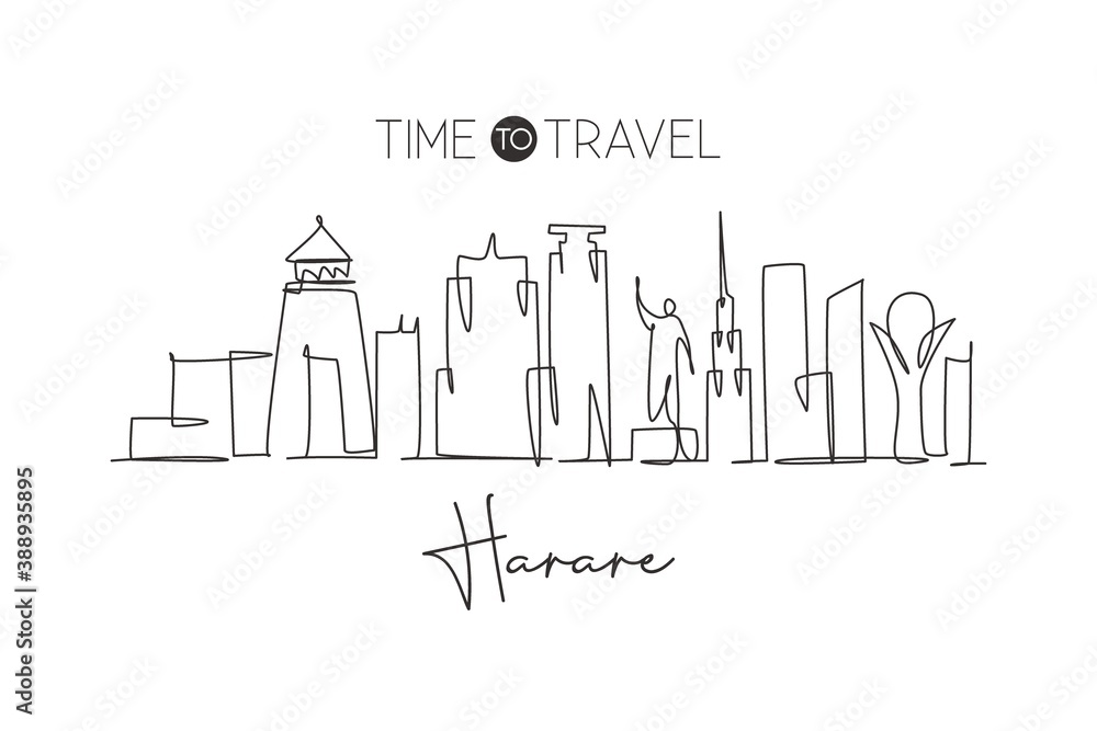 One single line drawing of city Harare skyline, Zimbabwe. Historical place landscape in world postcard. Best holiday destination. Editable stroke trendy continuous line draw design vector illustration