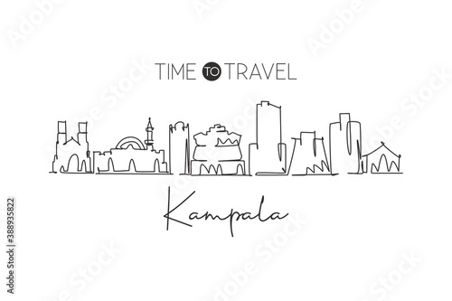 One continuous line drawing of Kampala skyline  Uganda. Beautiful city landmark postcard print. World landscape tourism and travel. Editable stylish stroke single line draw design vector illustration