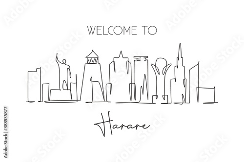 Single continuous line drawing of Harare city skyline  Zimbabwe. Famous city scraper landscape home decor wall art poster print. World travel concept. Modern one line draw design vector illustration